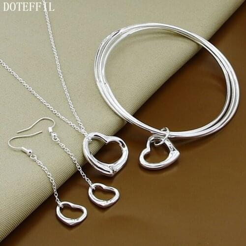 DOTEFFIL 925 Sterling Silver Heart Necklace Bangle Earring Set For Woman Wedding Engagement Party Fashion Charm Jewelry