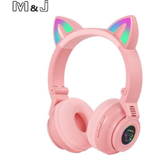 Cat Ear Earphones LED Glowing Bluetooth Headphones Wireless Helmet Headsets Stereo Gaming Earbud with Microphone Kids Girl Gifts