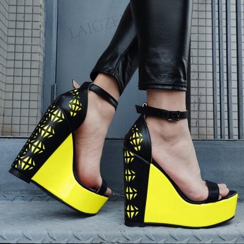 LAIGZEM SUPER Women Sandals Platform Wedge Cut Outs Patchwork Heels Sandals Party Shoes Woman Sandalias Verano Size 43 44 50 52
