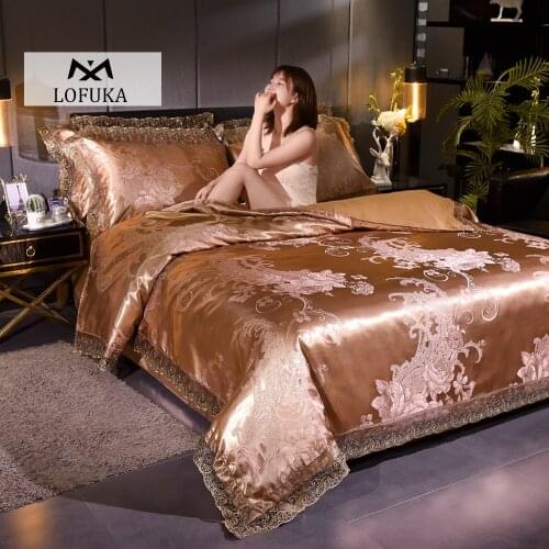 Lofuka Women Coffee Jacquard Lace Bedding Set European Silky Comforter Flower Duvet Cover Flat Sheet Pillowcase Queen King