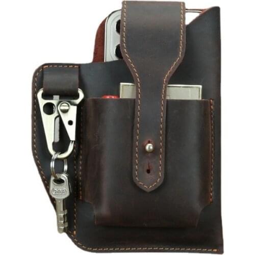 Men fanny pack Mobile phone package genuine Leather waist bag Head layer real cowhide Small hanging bags Wear a belt Waist Packs