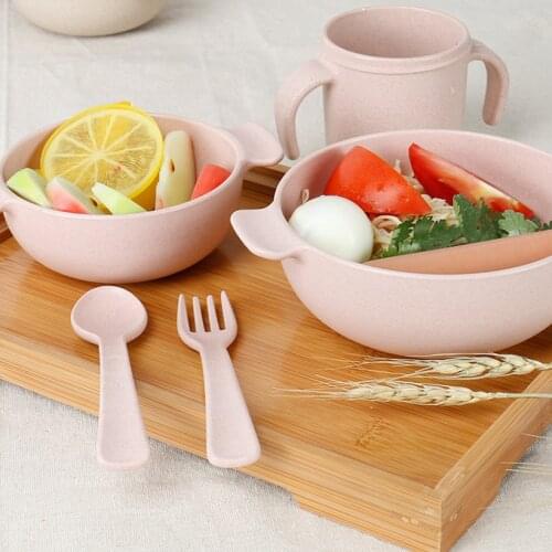 5Pcs/Set Wheat Straw Anti Scald Bowl And Fork Cup Assist Food Bowl Children Tableware Hiking Camping Picnic Tableware Set