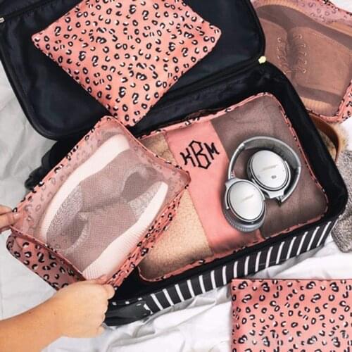 6pcs Women Packing Bag Set Monogram Blank Travel Organizers Packing Cubes Pink Leopard Luggage Organizers Compression Pouches