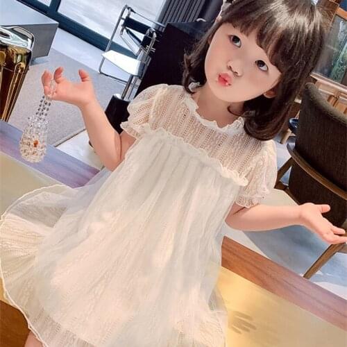 Baby Girl Fancy Dresses Sweet Summer Kid Baby Solid Color Mesh Princess Vestidos Korean Style Children Short Sleeve Lace Clothes