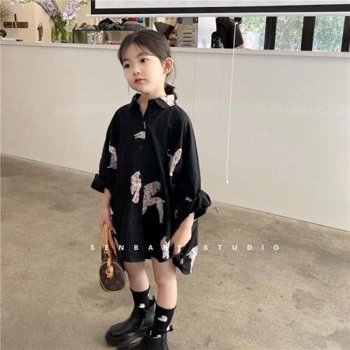 2021 Autumn Girls Shirt Children Black Tees European And American Style Cartoon Printing Long Sleeve Tops Girl Blouse