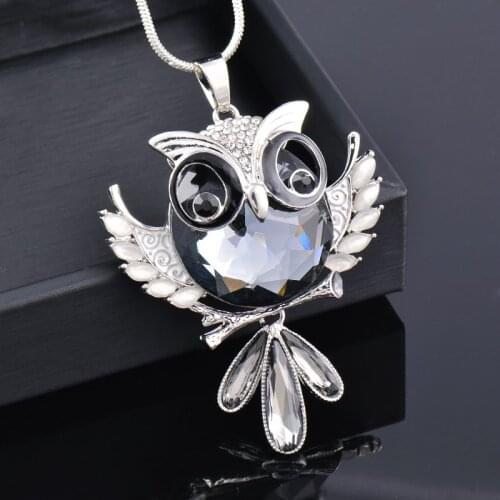 KIOOZOL Blue Grey Rhinestone Owl Shape Pendant Silver Color Long Necklace For Women Animal Style Vintage Jewelry 328 KO3