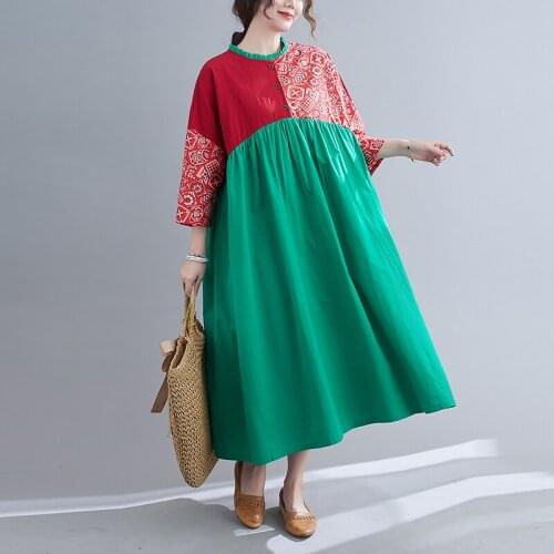 2021 New Summer Spring Cotton Dress Women Large size Ethnic Printed Stitching Linen Maxi Dress Robe Female Boho Sundress 100 KG