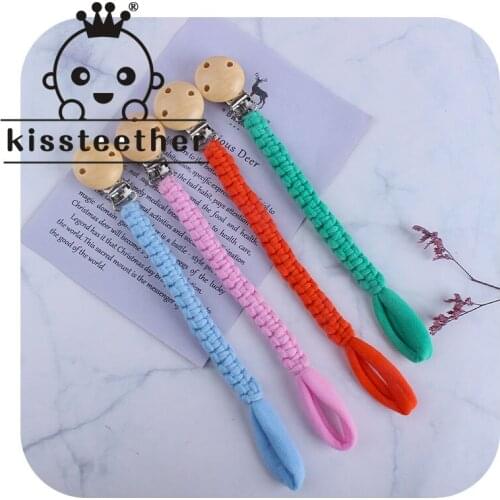 Kissteether Handmade Crochet Pacifier Chain Cotton Baby Wooden Pacifier Clips Newborn Nipple Holder Teething Soother Chew Clips