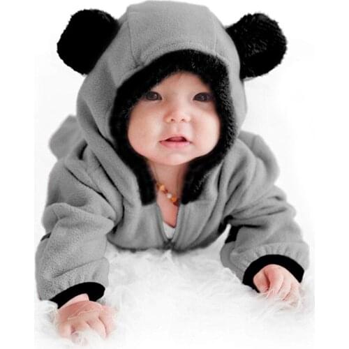 Baby Splicing Rompers Toddler Oblique Zipper Long Sleeve Hooded Jumpsuit Cute Bear Thicken Playsuit Newborn Costume