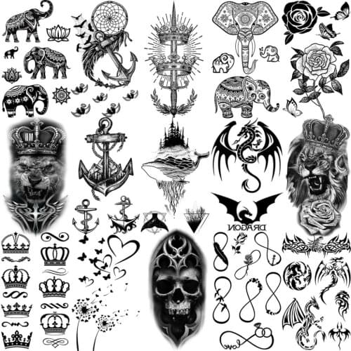 Black Whale Dragon Lion Temporary Tattoos For Women Men Boys Girls Anchor Tatoos Crown Infinity Elephant Flower Fake Tattoo