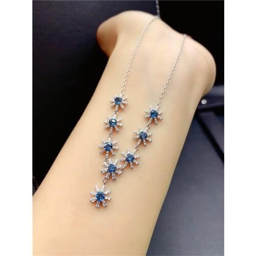 WEAINY Natural London Blue Topaz Clavicle Chain Necklace 925 Sterling Silver Dark Blue Gemstone Woman Necklace Engagement Gift