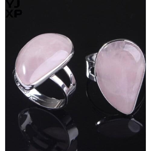 YJXP Elegant Simple Design Silver Plated Water Drop-Shaped Resizable Rose Pink Quartz Ring Fashion Jewelry Gift For Anniversary