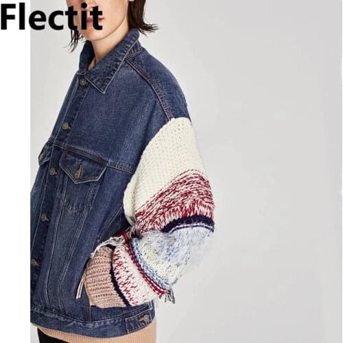 Flectit Oversized Contrast Knitted Sleeve Denim Jacket Women Fringed Tassel Jeans Jackets Street Style 2019