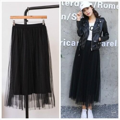 2019 Autumn New Women Casual Plus Size M -8XL Elastic High Waist Slim Fit Black Pleated Black Mesh Skirt