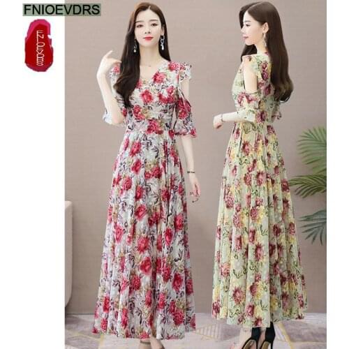 Flower Long Max Dresses Fashion Women Summer Hollow Out Off Shoulder Ruffled Retro Floral Print A Line Feminine Vestidos