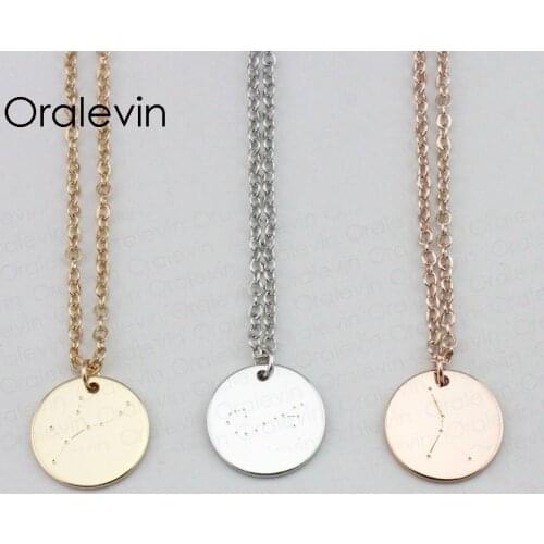Zodiac Coin Constellation Charms Necklace Taurus Layering Disk Necklace Gift For Women 15MM, 10 Piece/Lot,#LN003