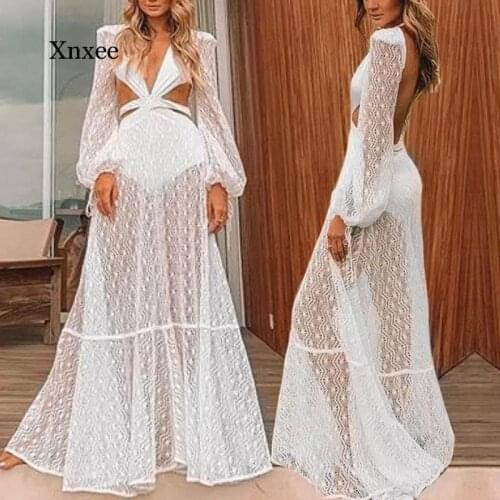 Cross Deep V Mesh Backless Perspective Sexy Dress Women White Elegant Summer Dress Hollow Out Long Sleeve Club Party Dresses
