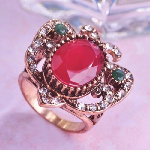 Blucome Brand Turkish Rings Round Red Resin Anel For Women Gifts Party Accessories Full Crystals Antique Gold Color Vintage Ring