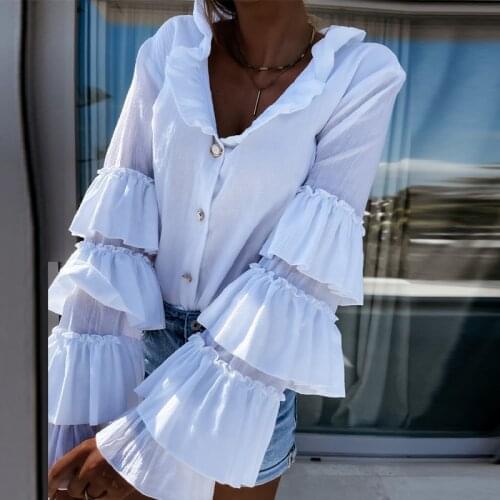 White Butterfly Sleeve Womens Shirt Ruffled Single Breasted Office Lady Temperament Tops For Ladies 2021 Autumn Clothing