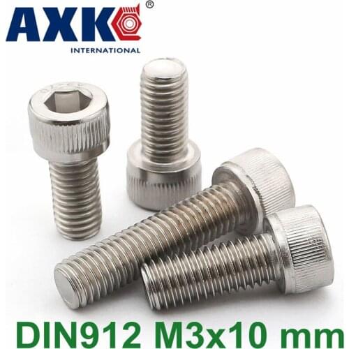 Free Shipping Axk 100pcs/lot Metric Thread Din912 M3x10 Mm M3*10 Mm 304 Stainless Steel Hex Socket Head Cap Screw Bolts