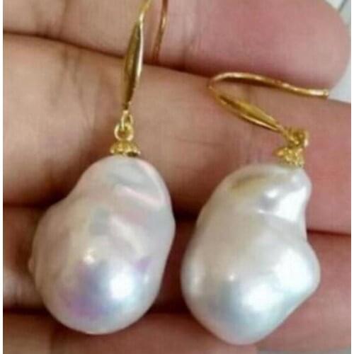 Free Shipping Huge AAA 19x13mm South Sea White Baroque Pearl Earrings 14 YELLOW GOLD