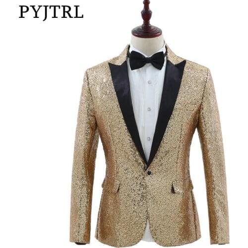 PYJTRL Brand Mens Fashion Gold Silver Sequins Blazers Design DJ Singers Costume Slim Fit Coat Male Shiny Paillette Suit Jacket