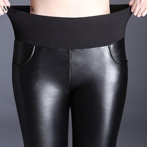 Stretch PU Leather Autumn Winter Leggings New Skinny Leather Trousers Women Pants Women Velvet Warm High Waist Black Pants 12237