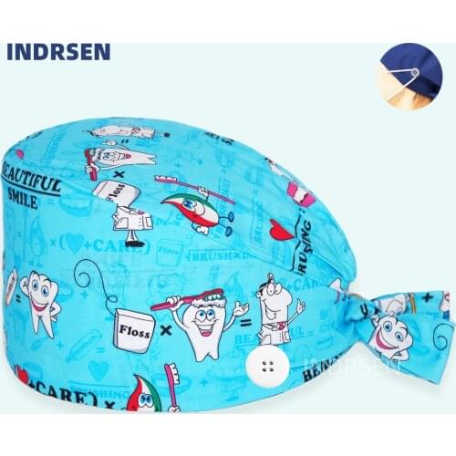 Unisex Anime Surgicals Cap Cotton Dustproof Cartoon Tooth Printed Working Scrub Cap Adjustable Nursing Hat