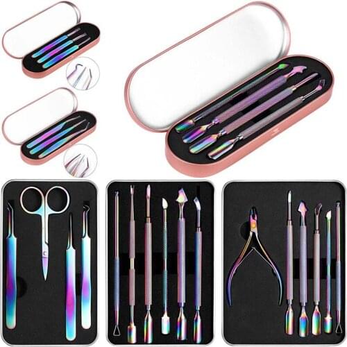 Multi-Type Rainbow Stainless Steel Nail Art Tools Cuticle Pusher Dead Skin Fork Gel Remover Nipper Tweezer Pedicure Manicure Set