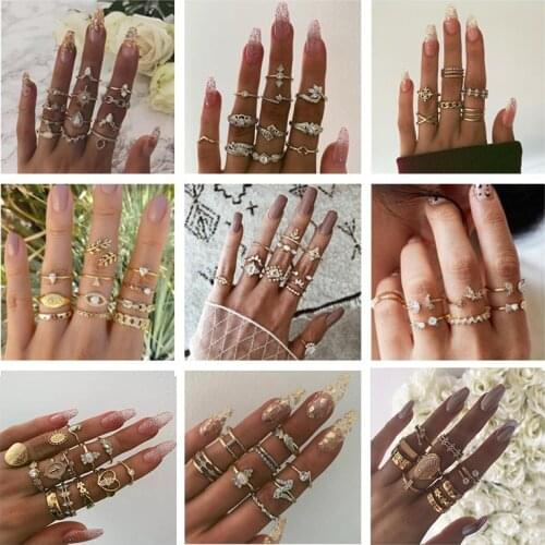 Docona 10 Style Vintage Gold Rings for Women Charms Heart Sun Flowers Leaves Geometry Crystal Stone Anillos Mujer Accessories