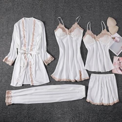 5PCS Robe Set Women Sexy Kimono Bathrobe Gown Satin Sleepwear Silky Intimate Lingerie Lounge Wear Casual Nightwear Home Clothes