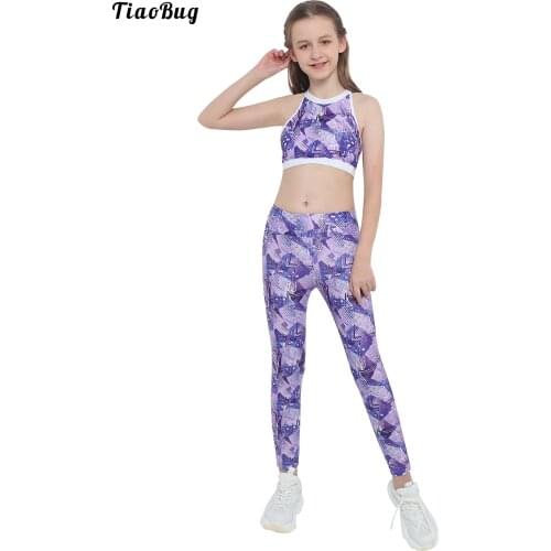 Summer 2Pcs Kids Girls Yoga Suit Halter Neck Sleeveless Open Back Crop Top Pants Set For Running Gym Yoga Sports Fitness