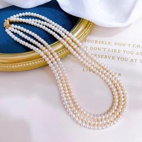 Best seller new design Three layers wedding necklace natural white real pearl luxury women bridal jewelry can customize length