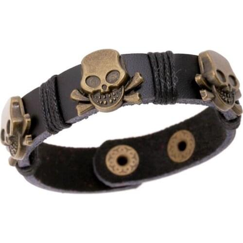 Fashion Punk Skull Black Cuff Bracelet Gothic Vintage Skeleton Charm Genuine Leather Buckle Bangle Wristbands Women Men Jewelry