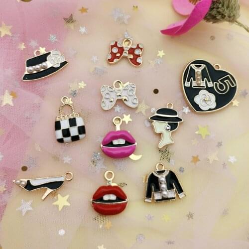 MuhNa 10PCS Enamel Charms Alloy Mixed Girl Lipstick Lip Dress Shoes Necklace Pendant Bracelet Accessory Jewelry Making YZ555