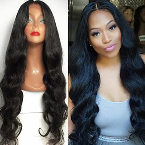 Full Density Synthetic Black Natural Wave Hair Lace Front Wig Middle T Part Black Color Heat Resistant Women Wigs with Baby Hair