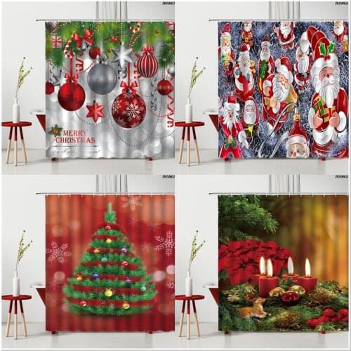 Merry Christmas Theme Shower Curtains Santa Claus Rope Ball Fir Xmas Tree Snowflake Party Decor Polyester Home Bathroom Supplies