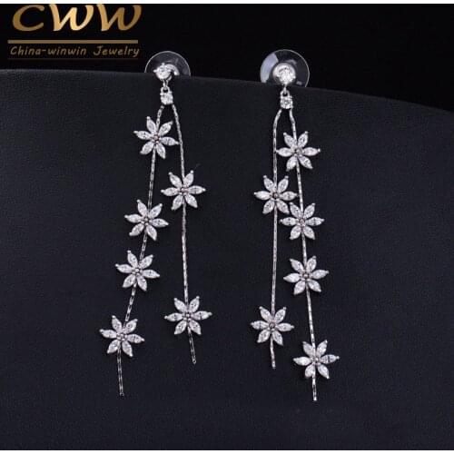 CWWZircons Fashion Dangling Style Cubic Zirconia Pave 8.2 cm Flower Drop Long Chain Earings Fashion Jewelry for Women CZ277