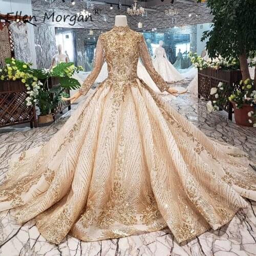 Muslim High Neck Long Sleeves Wedding Dresses 2020 Lace Appliques Beading Champagne Saudi Arabian Bridal Ball Gowns