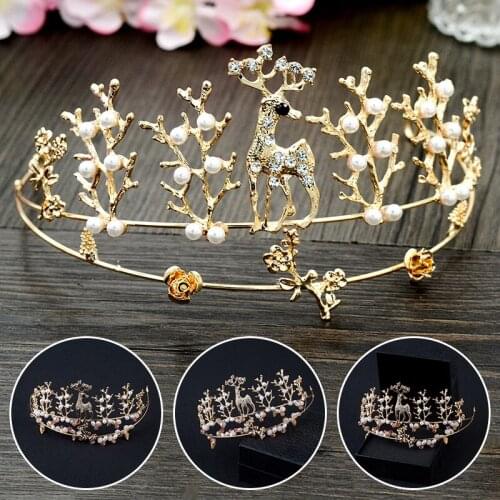 Kids Lovely Princess Crystal Pearl Tiaras Animal Deer Headband Bridal Prom Crown Wedding Party Accessories Hair Jewelry