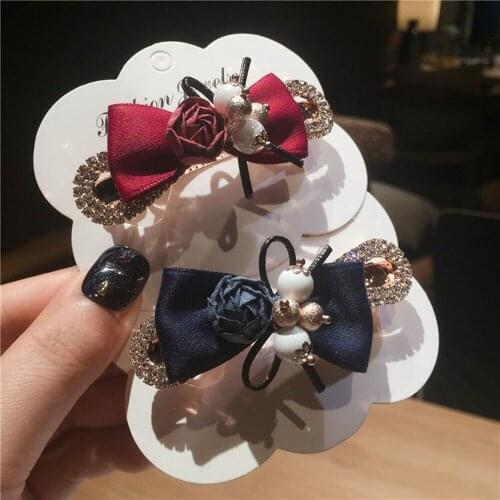 1pc New Women Pearl Ribbon Silk Cute Bow Flower Hair Spring Clip Crystal Hair Bobby Pins Snap Hair Clips Rhinestone Barrettes