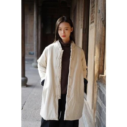 Aransue female New arrival outwear chinese style medium length winter topcoat linen Vintage collar with turnbuckle parkas