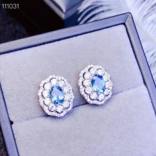 Natural Blue Topaz Stud Earrings 925 Silver Womens Stud Earrings Luxury Style Atmosphere