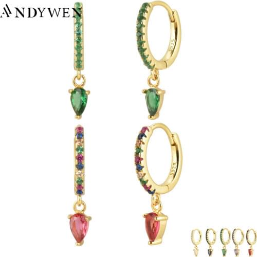 Andywen 100% 925 Sterling Silver Ovals Water Drop Earring Green Zircon CZ Circle Round Loops Crystal Women Piercing Ohrringe