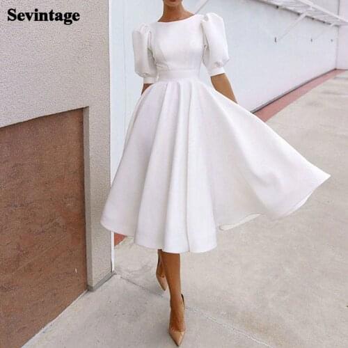 Sevintage Simple A Line Knee Length Prom Dresses Short Sleeves Satin Homecoming Dress 2021 Open Back Graduation Party Gowns