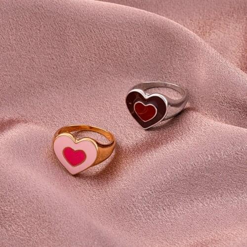 2021 Korean New Trendy Vintage Double Layer Dripping Oil Enamel Color Contrast Heart Metal Rings for Women Couple Jewelry Gifts