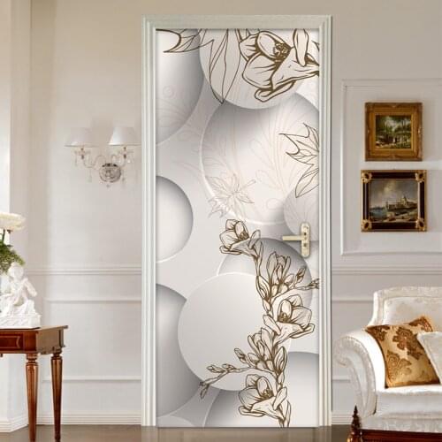 3D Circle Ball Flower Pattern Door Sticker Living Room Bedroom PVC Self-adhesive Waterproof Door Wallpaper Decor Wall Decals