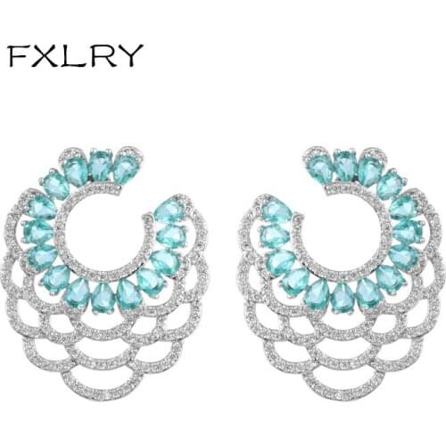 FXLRY High Quality Hollow Out Light Blue Cubic Zirconia Big Flower Drop Earrings for Women Wedding Jewelry