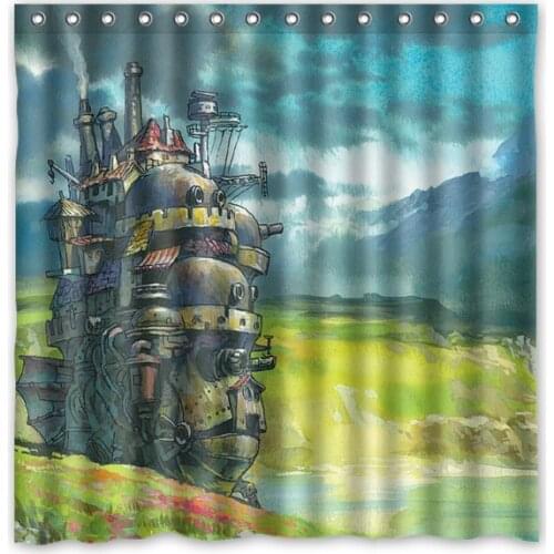 Hot New 180 x 180cm Howls Moving Castle Print Waterproof Fabric Bathroom Shower Curtain With Curtain Hooks Rings Free Shipping