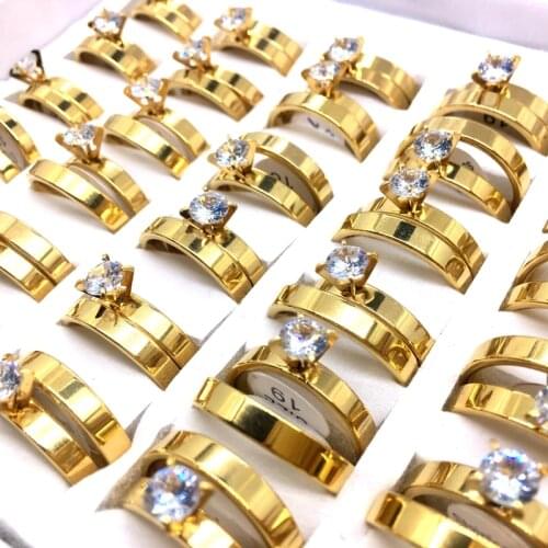 MixMax 36 Pairs Mens Womens Rings 4MM Golden Zircon Stone Stainless Steel Wedding Band Couple Gifts Jewelry Wholesale Lot